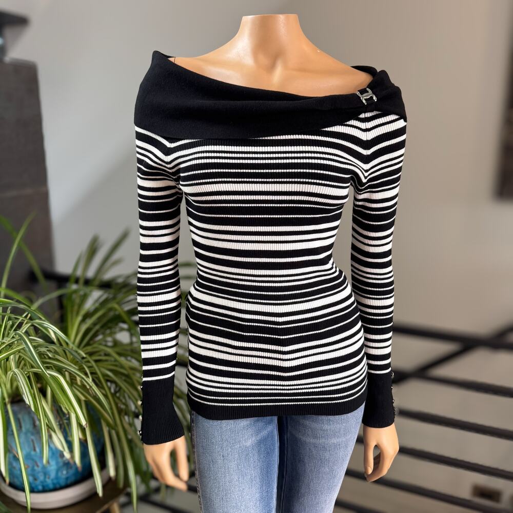 White House Black Market Striped Off-Shoulder Ribbed Knit Sweater Button Cuff M